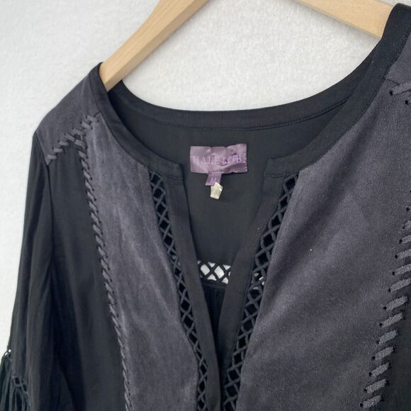 HALE BOB Top M Rosetta Suede Blouse Lace Trim V-Neck Long Sleeve Boho Black - Picture 4 of 11